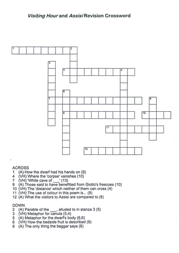 MacCaig 'Assisi' and 'Visiting Hour' Revision Crossword