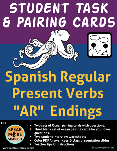 Spanish Task and Pairing Cards for Regular Present Verbs with AR Endings.   Verbos en Español