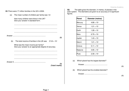 Standard form exam questions