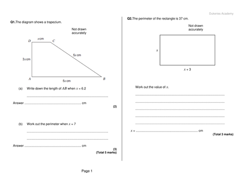 Area with algebra exam questions