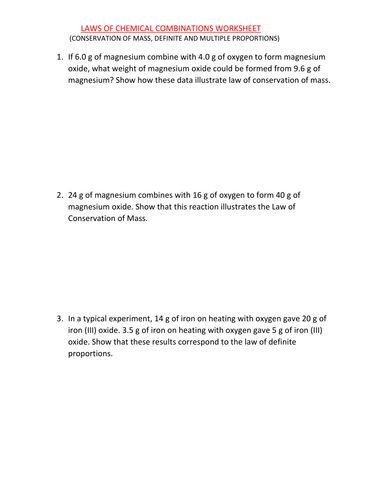 Laws Of Chemical Combination Worksheet Conservation Of Mass Definite Multiple Proportions Teaching Resources