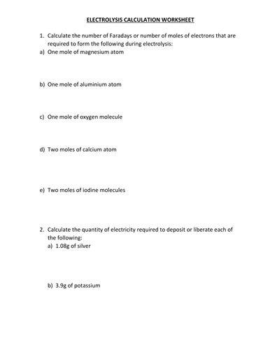 ELECTROLYSIS CALCULATION WORKSHEET