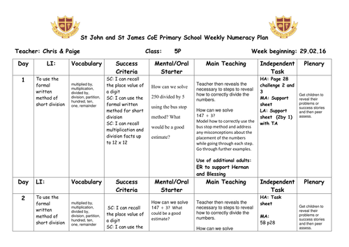 Year 5 Short Division lesson plan