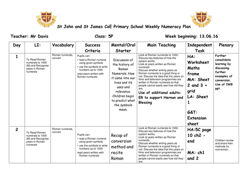 Year 5 Weekly Maths overview - Roman Numerals and Multiplication