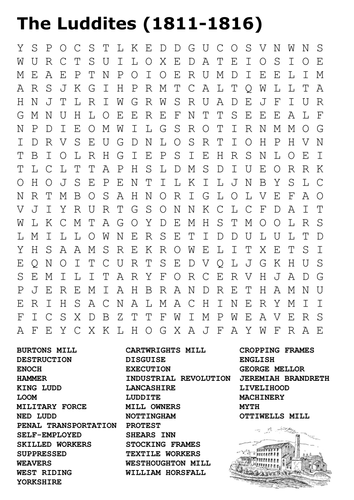 The Luddites - Industrial Revolution Word Search (1811-1816)