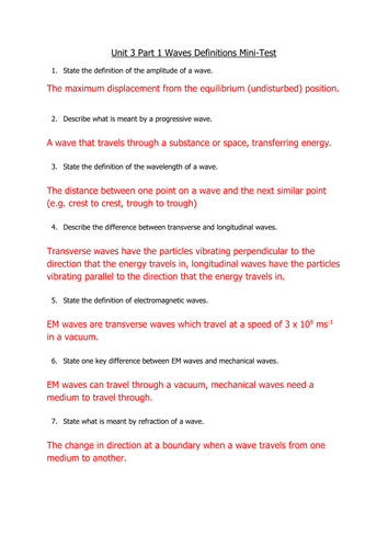 AQA AS Level Physics - Waves Section One - Definitions test