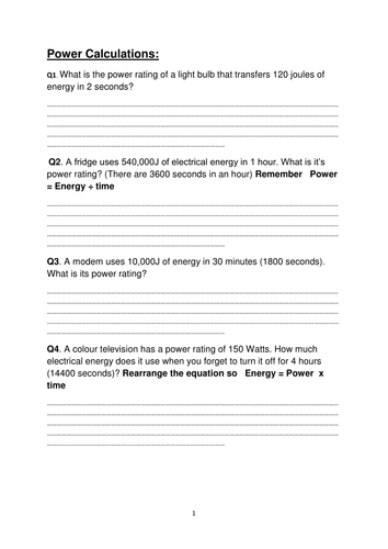 year 8 physics p2 2 7 electrical energy and power calculations teaching resources