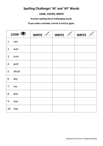 KS1 National Spelling - AI and AY Words - 3 Worksheets