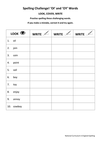KS1 National Spelling - OI and OY Words - 3 Worksheets