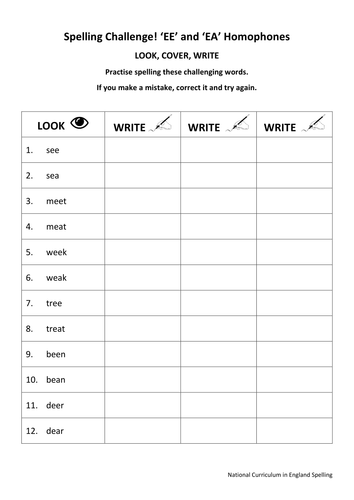 ks1 national spelling ee and ea homophones 3 worksheets by