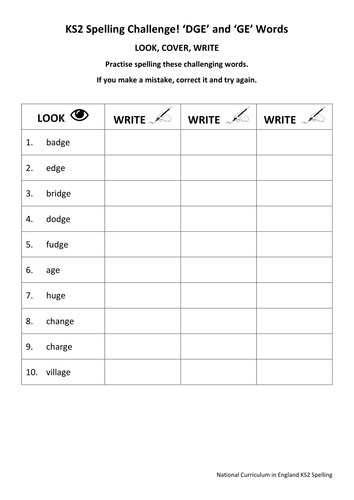 KS2 National Spelling DGE And GE Words 3 Worksheets