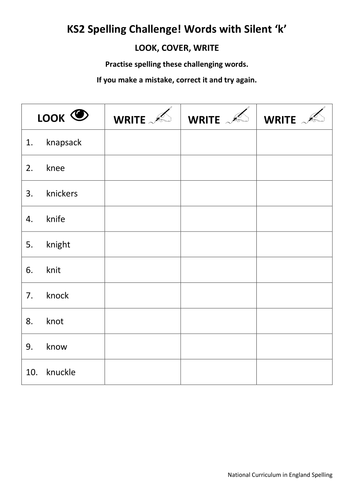 KS2 National Spelling - KN Words - 2 Worksheets