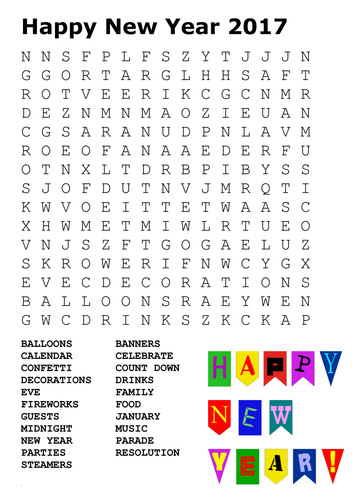 Happy New Year 2017 Word Search and Color