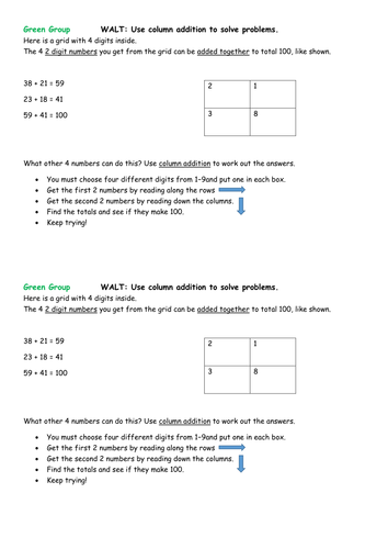 Addition problems and challenges KS1 - to reinforce column addition
