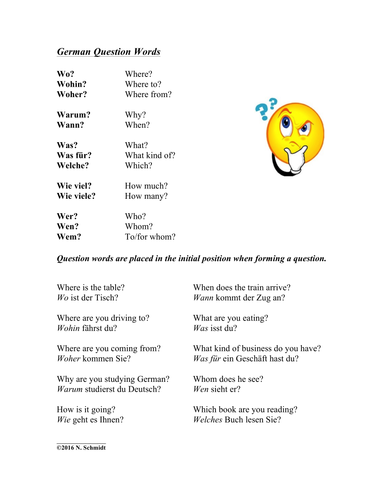 German Question Words ~ Handout and Worksheet