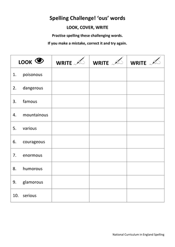 KS2 National Spelling - Adjectives ending in 'ous' - 3 Worksheets