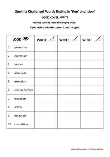 KS2 National Spelling - Words Ending in 'TION' and 'SION' - 3 Worksheets
