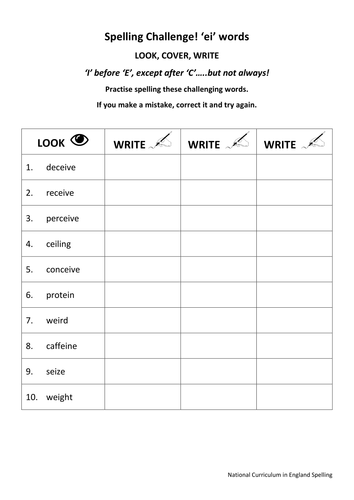 'I before e, except after c' - 20 words following the rule and exceptions - 3 worksheets