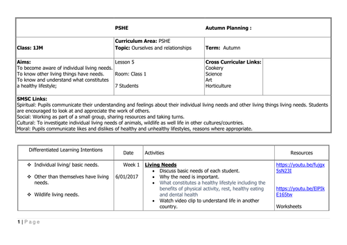 PSHE / PSHCE 7 weeks planning. Mixed abilities with differentiation.