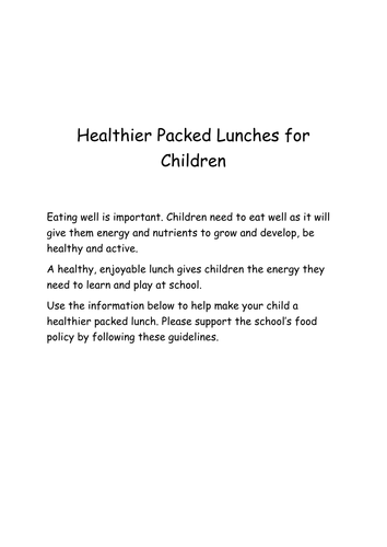 Healthy Eating leaflet for parents