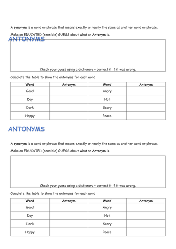 Vocabulary Starters incl. Plurals, Suffix, Prefix, Homophone, Antonym and Synonym