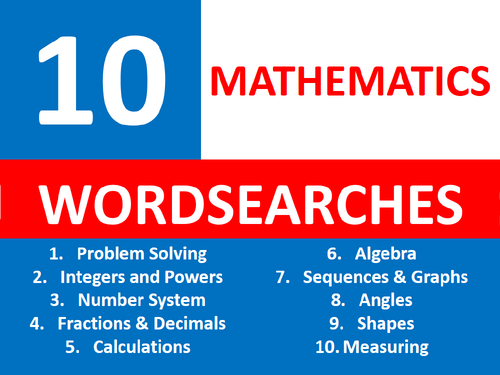 10 x Wordsearches Maths Mathematics Keywords Literacy Homework Starter Settler Homework