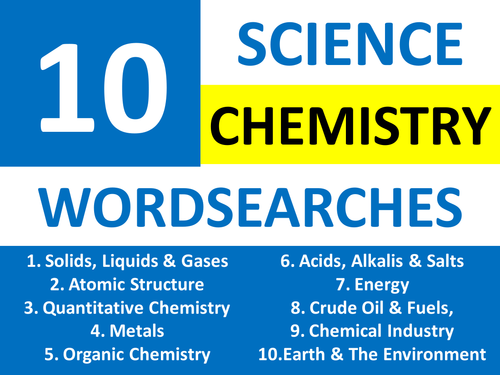 10 Wordsearches Science Chemistry Wordsearch KS3 & GCSE Literacy Starter, Homework, Plenary