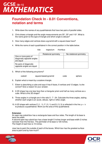 OCR Maths: Foundation GCSE - Check In Test 8.01 Conventions, notation and terms