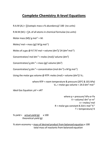 OCRA Chemistry Equations List