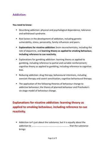 Addiction - Explanations for nicotine addiction - Learning - to go with full Addiction ppt