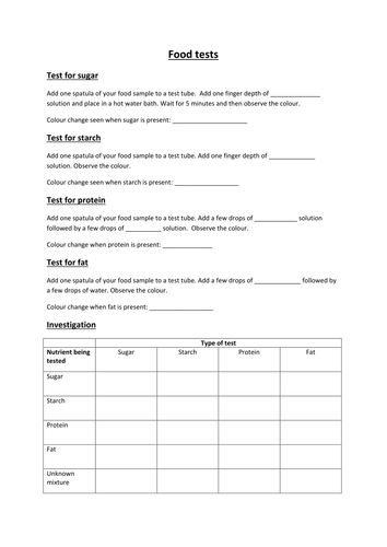 Food tests - practical instructions and worksheet activity (GCSE Biology)