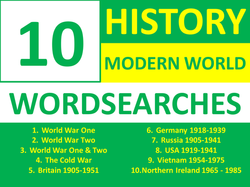10 Wordsearches History Modern World History KS3 & GCSE Wordsearch (World War One and Two etc)