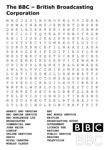 The BBC – British Broadcasting Corporation Word Search