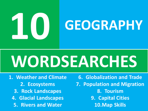 10 Wordsearches Geography GCSE KS3 Wordsearch Starter Activities Cover Plenary Lesson Homework
