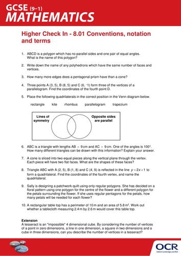 OCR Maths: Higher GCSE - Check In Test 8.01 Conventions, notation and terms