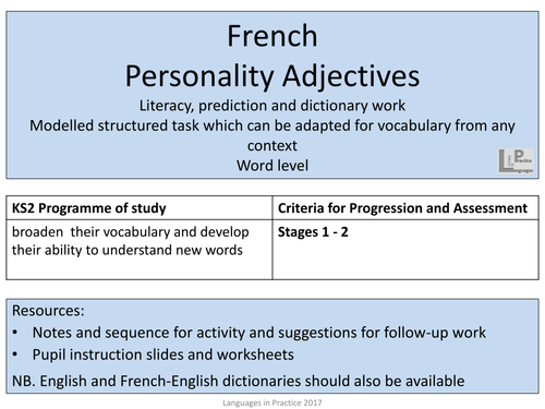 KS2 French Personality Adjectives - literacy, reading and dictionary task