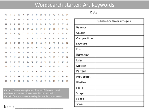 10 Wordsearches Art Keyword Starters KS3 GCSE Wordsearch Homework Plenary Cover Lesson