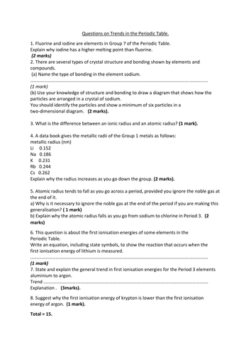 Questions on Trends in the Periodic Table