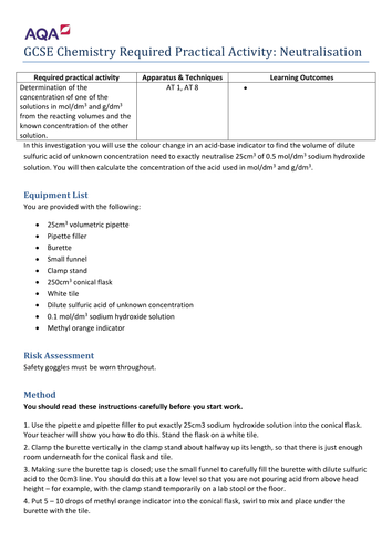 New 2016 AQA Chemistry Required Practical Sheet Neutralisation