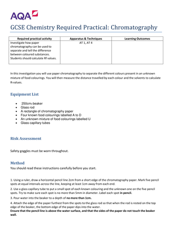 New 2016 AQA Combined Chemistry Required Prac Sheet Chromatography