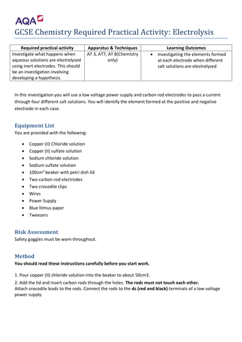 New 2016 AQA Combined Chemistry Required Practical Worsksheet Electrolysis