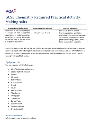 New AQA 2016 Spec Combined Chemistry Making Salts Required Practical Sheet