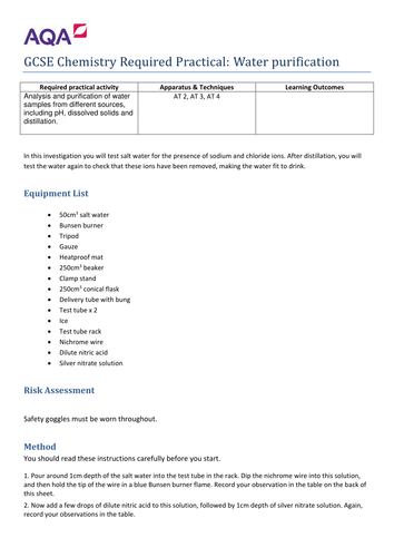 New AQA 2016 Combined Chemistry Required Practical Water Purification Sheet