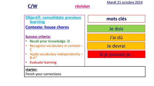 house chores revision /peer assessing / giving targets