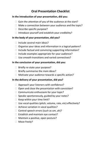 assessing oral presentations checklist