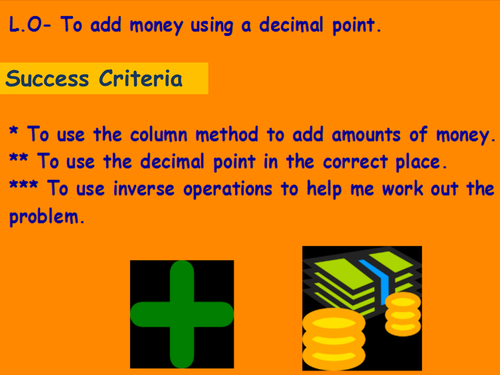 Outstanding Observation lesson on Money and adding decimal numbers