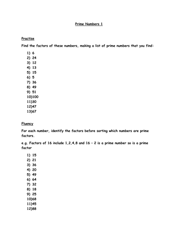 Prime Numbers and Factors Worksheet (Year 6)