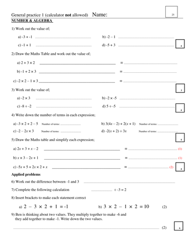 Maths Key Stage 3 Assessment or Practice Paper 1