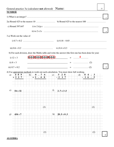 Maths Key Stage 3 Assessment or Practice Paper 3