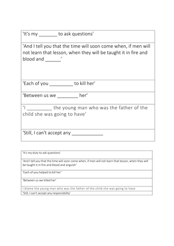 AN INSPECTOR CALLS - KEY QUOTATION ACTIVITY